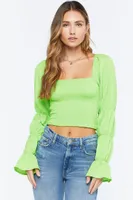 Women's Marie-Sleeve Smocked Crop Top in Bright Green Medium