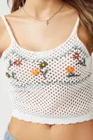 Women's Floral Embroidered Crochet Cropped Cami in White Medium