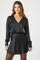 Women's Satin Surplice Bodysuit in Black Small