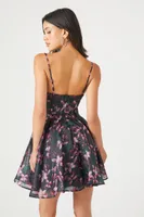 Women's Organza Floral Print Mini Dress in Black Small