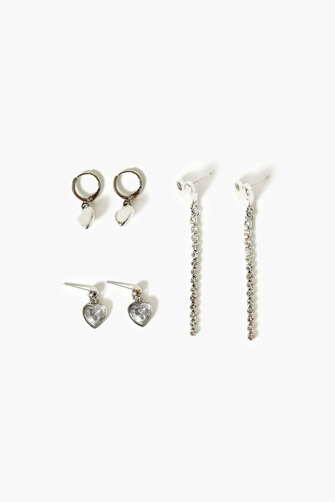 Women's Faux Gem Heart Drop Earring Set in Silver