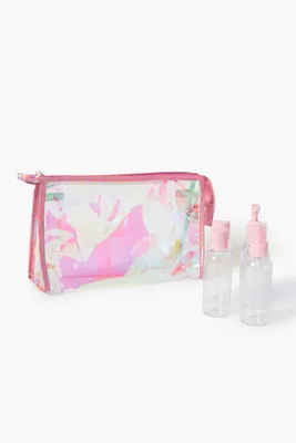 Iridescent Toiletries Bag & Bottle Set in Pink