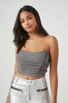 Women's Ruched Lace-Up Tube Top in Dark Grey Large