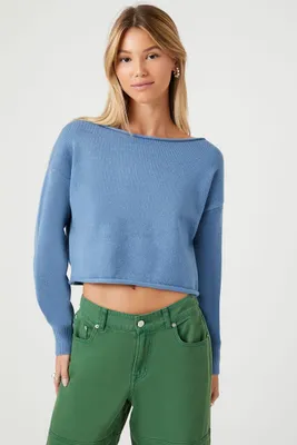 Women's Raw-Cut Sweater-Knit Top in Dusty Blue Large