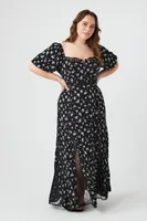 Women's Floral Print Maxi Dress in Black, 2X