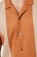 Men Faux Suede Colorblock Shirt in Taupe/Camel, XXL