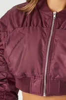 Women's Ruched-Sleeve Cropped Bomber Jacket in Burgundy Large