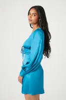 Women's Plunging Satin Tie-Front Mini Dress in Teal Small