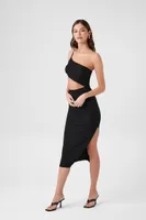 Women's One-Shoulder Cutout Midi Dress in Black Large