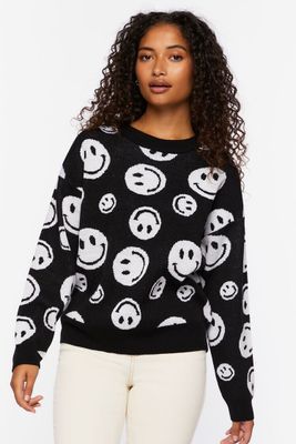 Women's Happy Face Crew Sweater in Black/White Medium