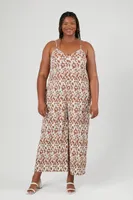 Women's Abstract Print Wide-Leg Jumpsuit in Camel, 1X