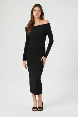 Women's Off-the-Shoulder Foldover Midi Sweater Dress in Black, XL
