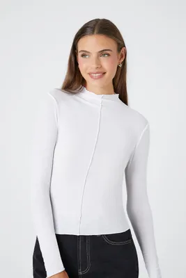 Women's Ribbed Mock Neck Long-Sleeve T-Shirt in White, XS