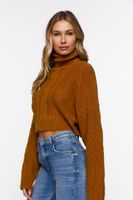 Women's Cropped Cable Knit Turtleneck Sweater in Brown Medium