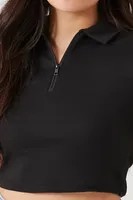 Women's Cropped Half-Zip Polo Shirt in Black Large