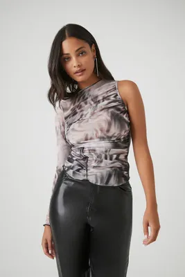 Women's Abstract Print One-Sleeve Mesh Top in Grey Small