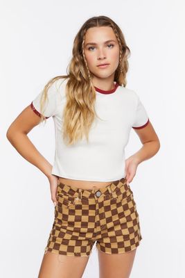 Women's Checkered Print Shorts in Brown/Light Brown Small