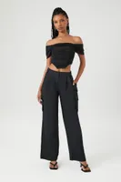 Women's Ruched Off-the-Shoulder Crop Top in Black Large