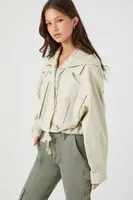 Women's Hooded Drawstring Twill Jacket in Tan Medium