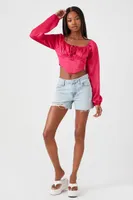 Women's Satin Peasant-Sleeve Crop Top Small