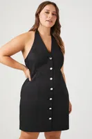 Women's Button-Front Halter Dress in Black, 0X