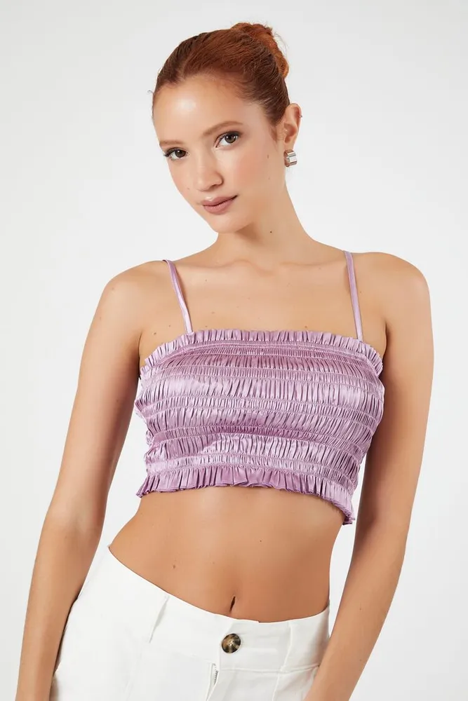 Women's Smocked Satin Cropped Cami in Purple Large