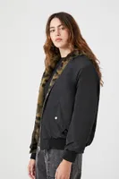 Women's Reversible Faux Fur Camo Bomber Jacket in Black Medium