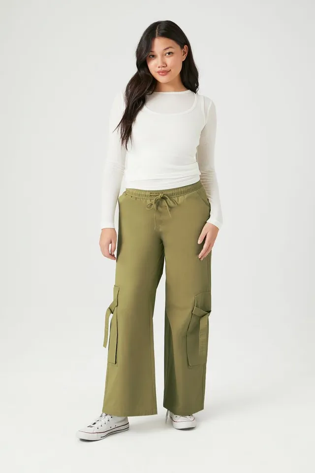 Forever 21 Women's Drawstring Wide-Leg Cargo Pants in Olive Medium