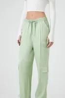 Women's Satin Mid-Rise Cargo Pants in Sage Large