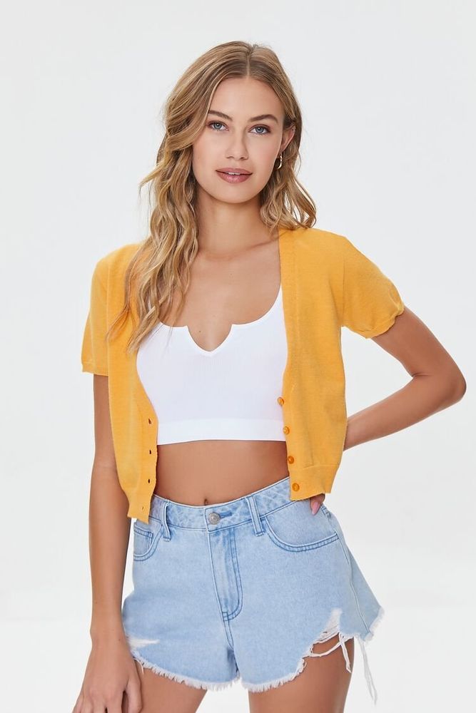 Women's Buttoned Sweater-Knit Crop Top in Marigold Medium