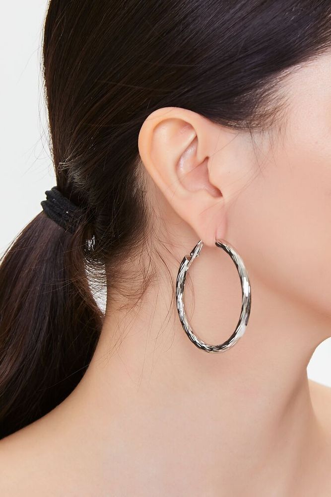 Women's Upcycled Etched Hoop Earrings in Silver