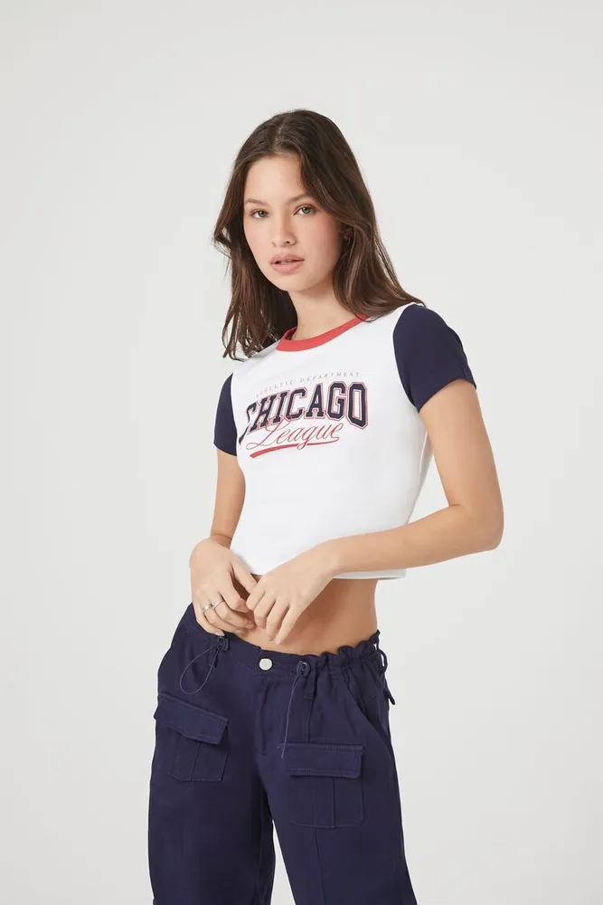 Women's Chicago Graphic Raglan Cropped T-Shirt in White Large