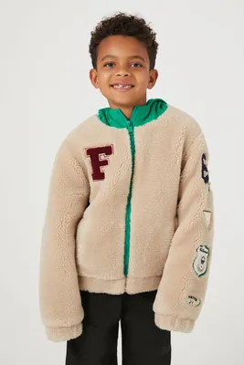 Kids Faux Fur Patch Hoodie (Girls + Boys) in Taupe, 9/10