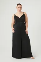 Women's Satin Wide-Leg Jumpsuit in Black, 2X