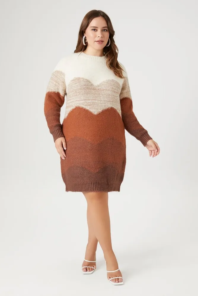 Women's Colorblock Mini Sweater Dress in Tan, 3X