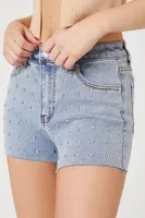 Women's Raw-Cut Studded Denim Shorts in Medium Denim, 27