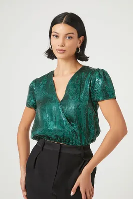 Women's Sequin Surplice Crop Top in Emerald Small
