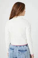 Women's Scalloped Cable Knit Sweater in Cream/Pink Large