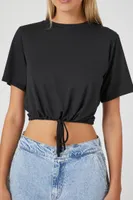 Women's Drawstring Short-Sleeve Crop Top in Black Large