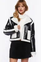 Women's Faux Shearling-Trim Button-Front Jacket in Black/White Medium