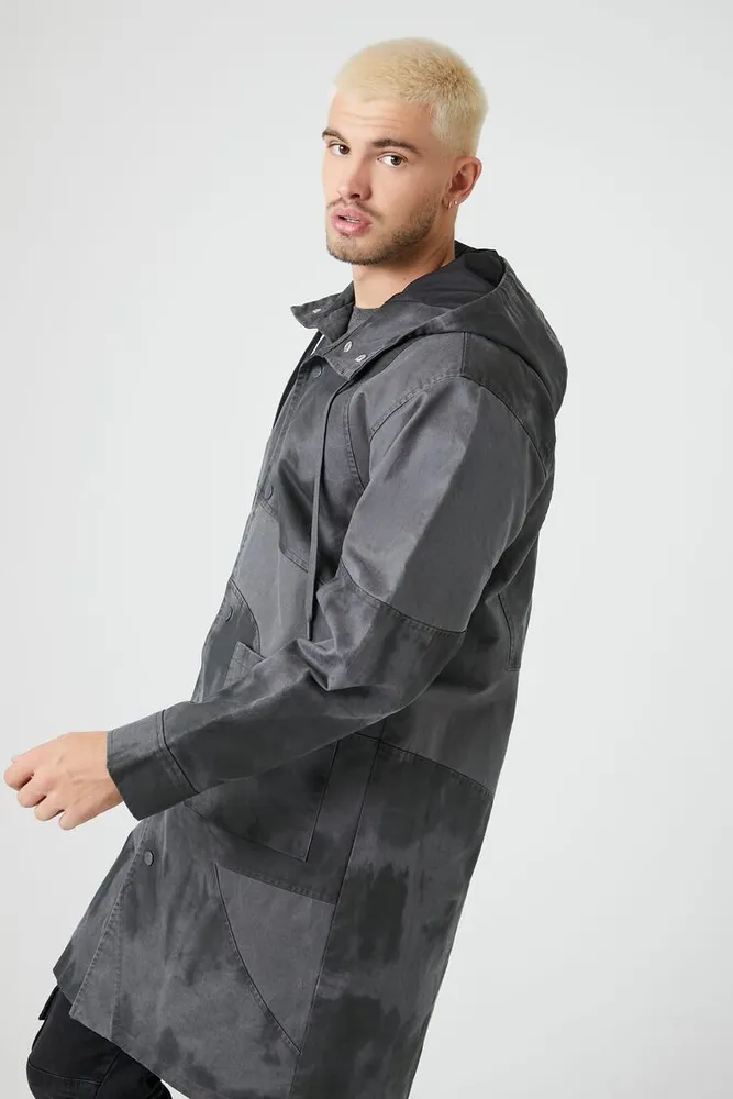 Men Hooded Tie-Dye Trench Coat in Dark Grey/Black Large