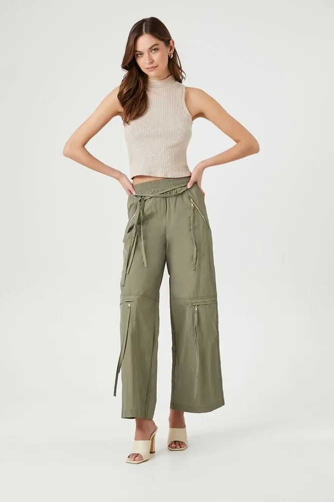 Women's Strappy Wide-Leg Pants in Green, XS