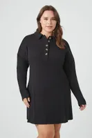 Women's Waffle Knit Shirt Mini Dress in Black, 1X