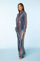 Women's Sequin Striped Shirt & Pants Set in Light Blue Small