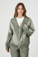 Women's Two-Tone Poplin Bomber Jacket in Dark Olive/Olive Medium