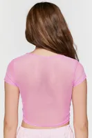 Women's Sheer Mesh Button-Loop Crop Top in Pink Large