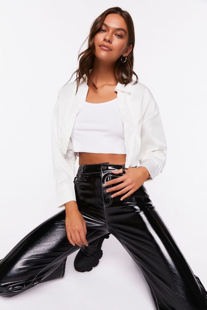 Women's Cropped Long-Sleeve Shirt in Vanilla Large