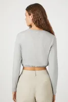 Women's Rhinestone Long-Sleeve Crop Top in Heather Grey, XS