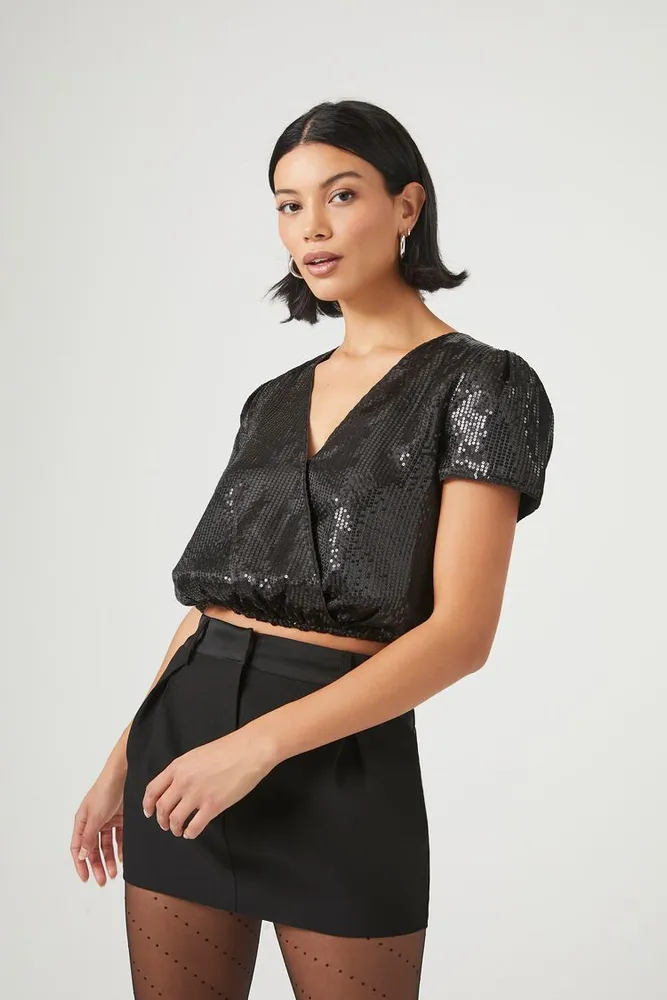 Women's Sequin Surplice Crop Top in Black Small