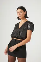 Women's Sequin Surplice Crop Top